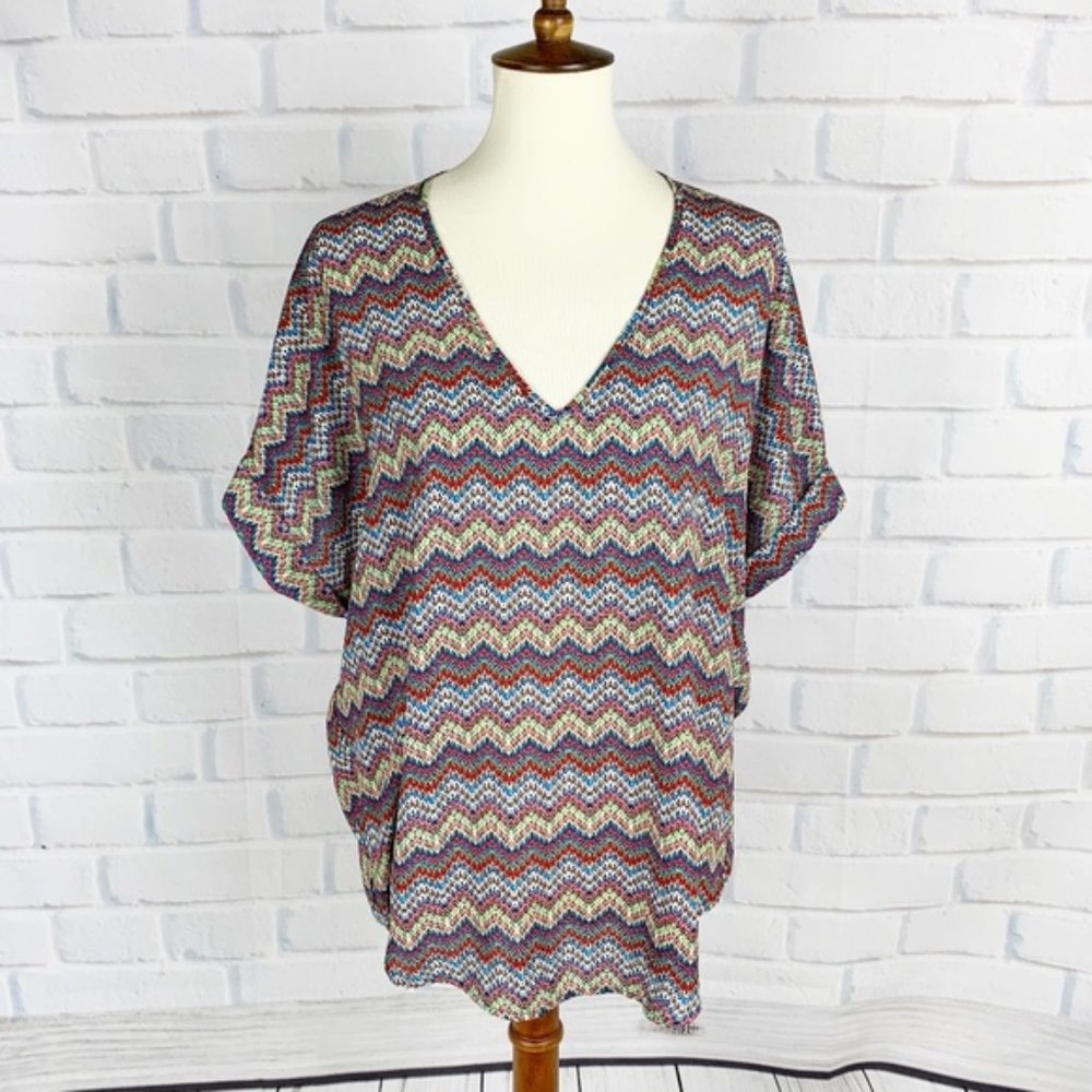 Lush Multicolor Chevron Cap Sleeve Slouchy Top M - Picture 1 of 8